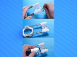 These three still frames show placement of the SG clip into the yoke of the extender and hooking the tugging handle over the clip.