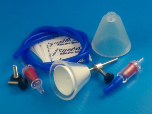 TLCA kit including TLC Hanger body, hollow steel tube, Collar, retaining cone, 1-way valve, retaining Cuff, 2-foot hose, and sample round adhesive bandages